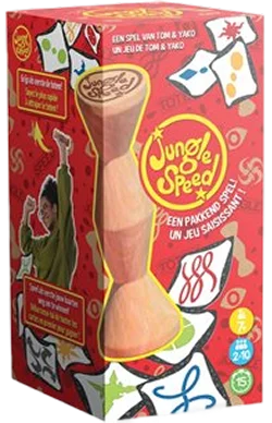 pudełko gry karcianej Jungle Speed z drewnianym totemem i kolorowymi symbolami